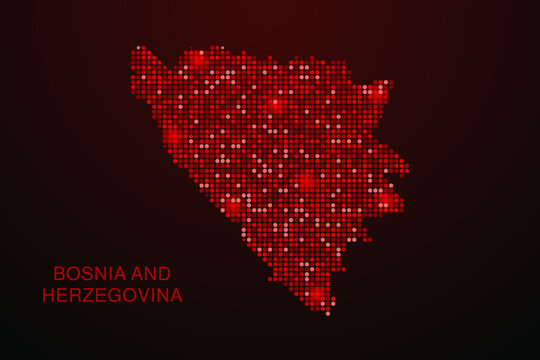 Bosnia and Herzegovina Map - Digital dotted map with glowing red points on dark background, modern technology style, abstract data network design, clean minimal vector illustration.