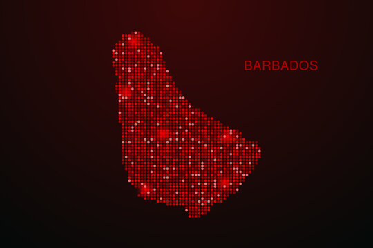 Barbados Map - Digital dotted map with glowing red points on dark background, modern technology style, abstract data network design, clean minimal vector illustration.
