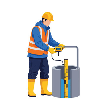 Professional worker in protective gear measuring groundwater levels in a well using a digital water level meter for hydrogeological assessment and environmental monitoring