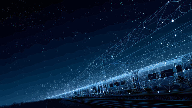 Train glides through a dark landscape composed of glowing digital network lines and shimmering blue light particles.