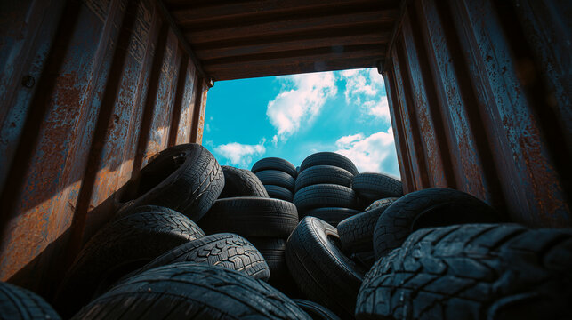 Pile of old used tires in a container yard, showcasing waste management, recycling concept, and industrial storage under a bright blue sky.