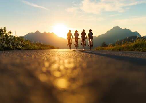 Friends enjoying a bicycle tour on a remote road at sunset, exploring the mountains and creating lasting memories