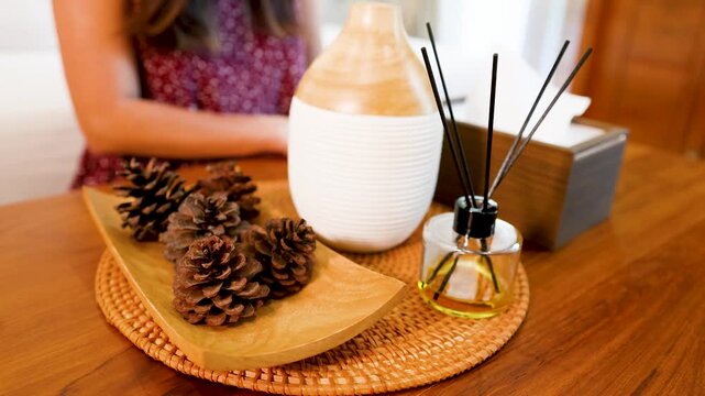 Woman Cleaning White Humidifier and Reed Diffuser on Wooden Table
