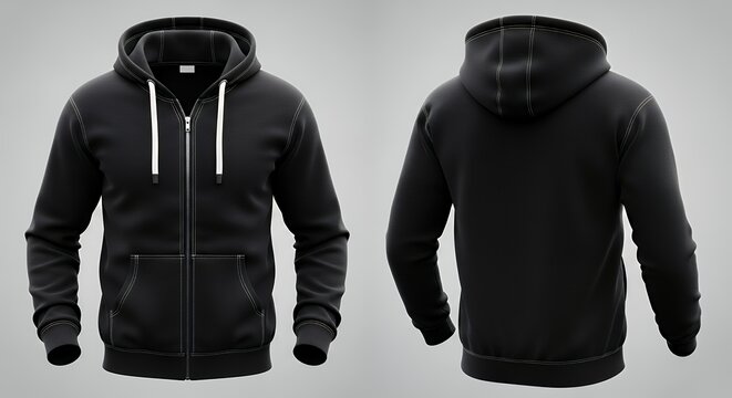 A black zip-up zipped hoodie mockup from the front and back on a neutral background the hoodie features a front pocket and drawstrings on the hood sweatshirt with hood long sleeve for print hoodie moc