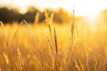 Obraz premium Wheat field glowing golden during a warm sunset or sunrise, creating a serene and peaceful autumn nature scene