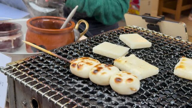Japanese Dango and Mochi Grilling on a Charcoal Street Food Stall