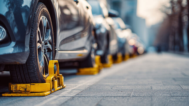Row of parked cars secured with wheel clamps, showcasing urban parking control, vehicle security, and city traffic enforcement in a modern environment.