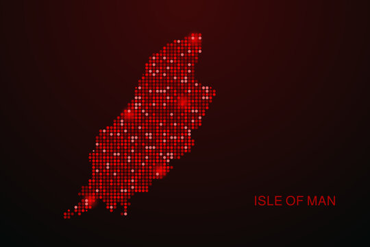 Isle of Man Map - Digital dotted map with glowing red points on dark background, modern technology style, abstract data network design, clean minimal vector illustration.