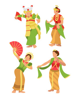 Legong, Serimpi, Kipas Pakarena and Gambyong costume dancer Balinese Indonesian traditional dance performance Illustration