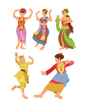 Tor tor,  Yapong, Topeng Sekartaji, Kidang Kencana and Zamin costume dancer Indonesian traditional dance performance Illustration