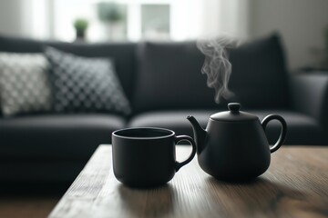Fototapeta premium Steaming black teapot and mug sitting on a wooden coffee table in a cozy living room, symbolizing relaxation and comfort