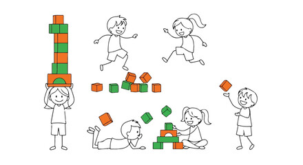 Fototapeta premium Children playing and balancing colorful building blocks in various ways