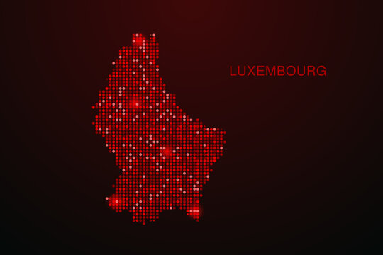 Luxembourg Map - Digital dotted map with glowing red points on dark background, modern technology style, abstract data network design, clean minimal vector illustration.