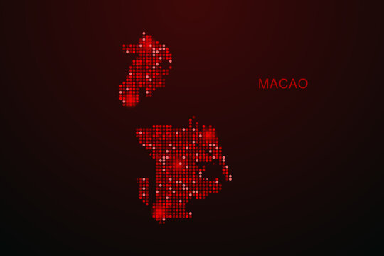 Macao Map - Digital dotted map with glowing red points on dark background, modern technology style, abstract data network design, clean minimal vector illustration.