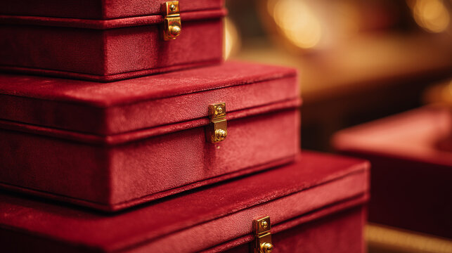 Elegant red suede leather boxes with golden clasps, highlighting luxury craftsmanship and timeless design for jewelry or keepsake storage in a refined setting.