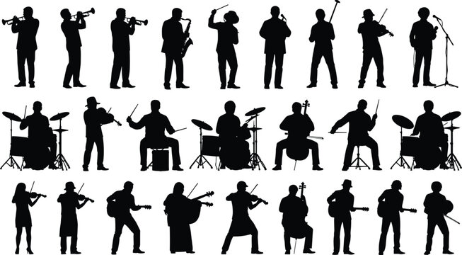Large collection of music player silhouettes featuring musicians with guitar violin trumpet saxophone drums and cello, vector band icons isolated on white background.