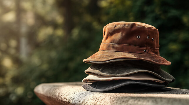 Stack of outdoor hats on wooden surface in forest setting, showcasing adventure gear, casual style, and nature lifestyle with warm natural light.