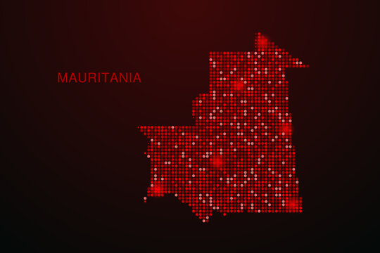 Mauritania Map - Digital dotted map with glowing red points on dark background, modern technology style, abstract data network design, clean minimal vector illustration.
