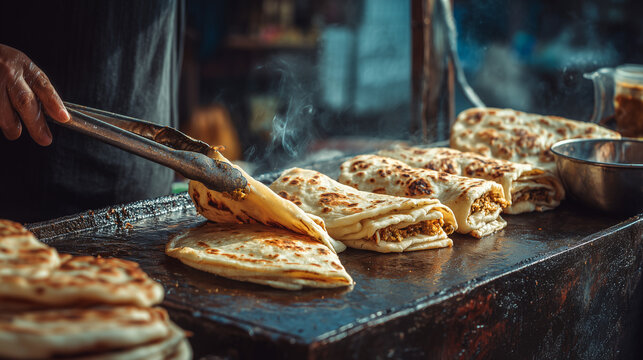 Street vendor cooking flatbread on hot griddle, showcasing traditional food, local cuisine, and authentic street food experience with rich texture and flavor.