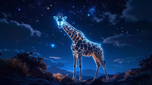 A glowing giraffe stands majestically under a starry night sky, a beautiful digital art piece.