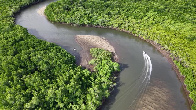 Aerial View of Chinaman Creek Winding Through Mangroves Near Cairns, Queensland, Australia