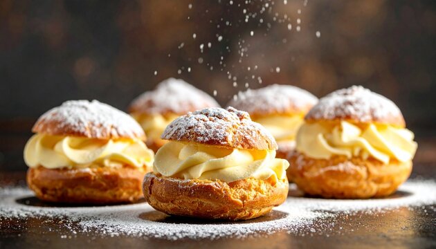 Delicious Cream Puffs with Powdered Sugar A Tempting Confection for Dessert Lovers Sweet Pastries with Cream Filling.