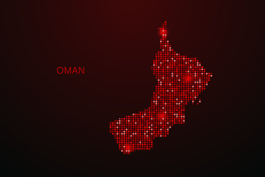 Oman Map - Digital dotted map with glowing red points on dark background, modern technology style, abstract data network design, clean minimal vector illustration.