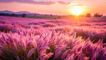 Obraz premium Serene Lavender Field at Sunset A Landscape of Dreams and Tranquility Ideal for Wellness and Nature Related Topics.