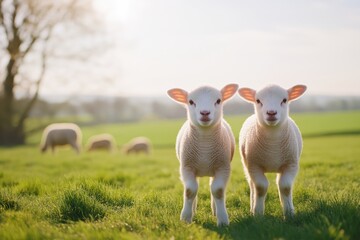 Obraz premium Two baby lambs on a sunny spring day in a green field, looking at the camera with other sheep grazing