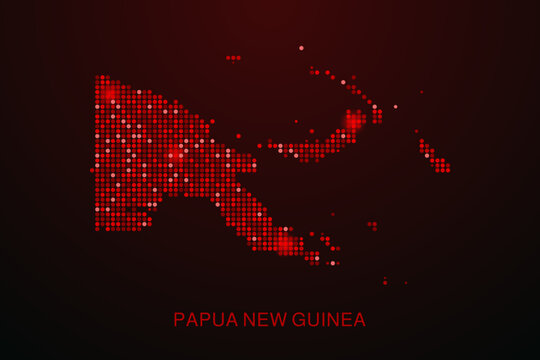 Papua New Guinea Map - Digital dotted map with glowing red points on dark background, modern technology style, abstract data network design, clean minimal vector illustration.