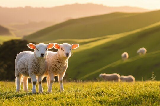 Two cute baby lambs standing closely together in a vibrant green field during a warm golden hour, other sheep grazing in background
