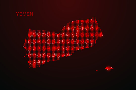 Yemen Map - Digital dotted map with glowing red points on dark background, modern technology style, abstract data network design, clean minimal vector illustration.