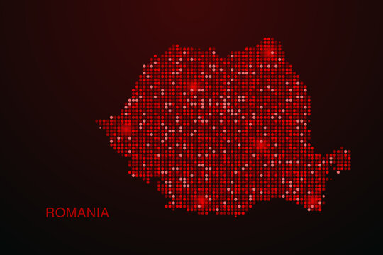 Romania Map - Digital dotted map with glowing red points on dark background, modern technology style, abstract data network design, clean minimal vector illustration.
