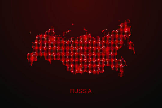 Russia Map - Digital dotted map with glowing red points on dark background, modern technology style, abstract data network design, clean minimal vector illustration.