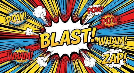 Fototapeta premium Comic book explosion graphic with sound effects and radial color lines