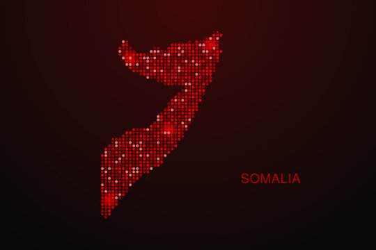 Somalia Map - Digital dotted map with glowing red points on dark background, modern technology style, abstract data network design, clean minimal vector illustration.