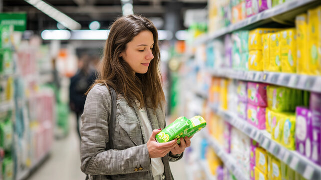 A woman in a supermarket aisle examining sanitary pads, highlighting feminine hygiene shopping, daily needs, and modern retail lifestyle.