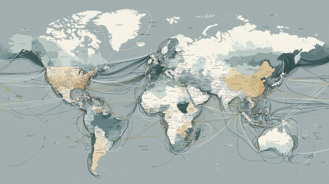 minimal global map illustration of undersea internet cable system, abstract world map showing deep sea fiber optic network, conceptual international data communication links