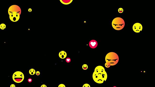 Social media emoji icon floating animation on black background. Mixed social media live screen- Viewer engagement concept with rising stream of facebook style feedback icons live reactions animation.