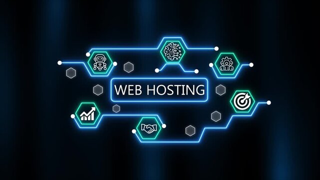  web hosting  analysis brain growth gear and financial chart icons on dark background digital concept. Futuristic neon blue abstract technology network. 4k animation 