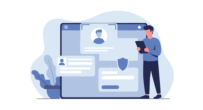 Man Reviewing Profile Data on a Large Screen Interface.