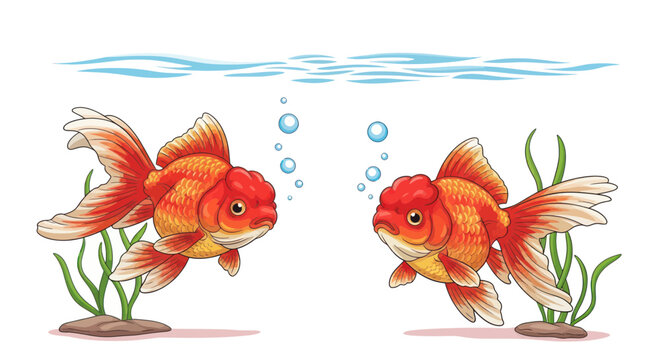 Two Goldfish Swimming Underwater, Bubbles and Aquatic Plants, Clean White Background