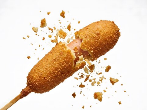 A broken corn dog with pieces exploding outwards against a white background