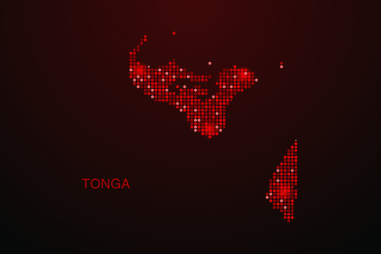 Tonga Map - Digital dotted map with glowing red points on dark background, modern technology style, abstract data network design, clean minimal vector illustration.