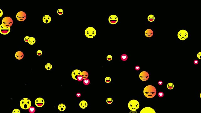 Social media emoji icon floating animation on black background. Mixed social media live screen- Viewer engagement concept with rising stream of facebook style feedback icons live reactions animation.