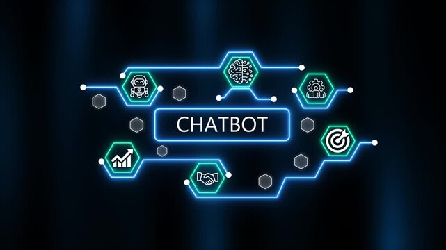  chatbot analysis brain growth gear and financial chart icons on dark background digital concept. Futuristic neon blue abstract technology network. 4k animation 