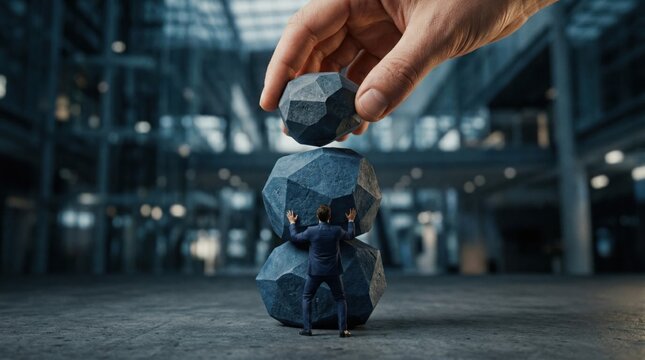 Sculpting Greatness: A giant hand carefully positions a stone atop a stack of rocks, with a tiny figure adding the finishing touch, symbolizing construction and hard work