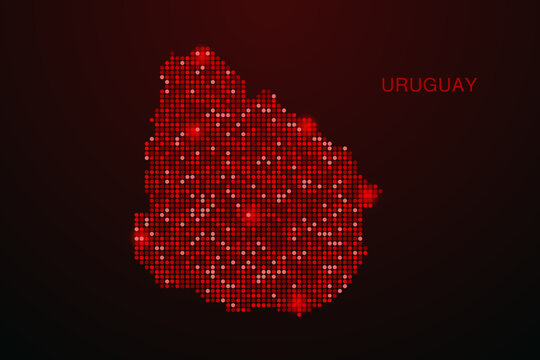 Uruguay Map - Digital dotted map with glowing red points on dark background, modern technology style, abstract data network design, clean minimal vector illustration.