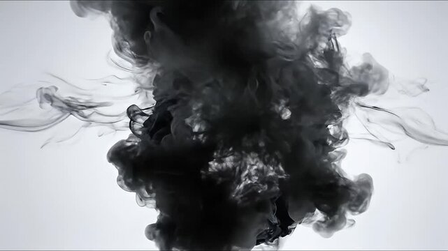 Black ink cloud exploding and swirling in water creating abstract shapes and patterns