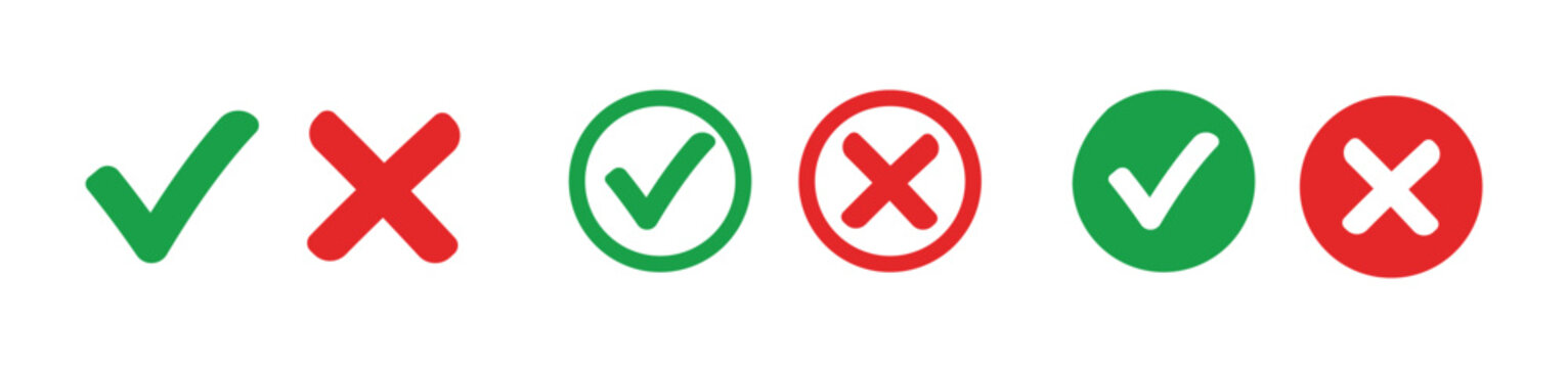Check mark icon button set. Check box icon with right and wrong buttons and yes or no checkmark icons in green tick box and red cross. Isolated checkmark symbol vector design